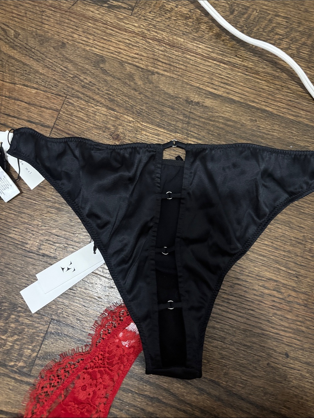 Women’s Lace & Satin Bikini Panty Set - Black with Pink Embroidery & Red Lace - Picture 6 of 6